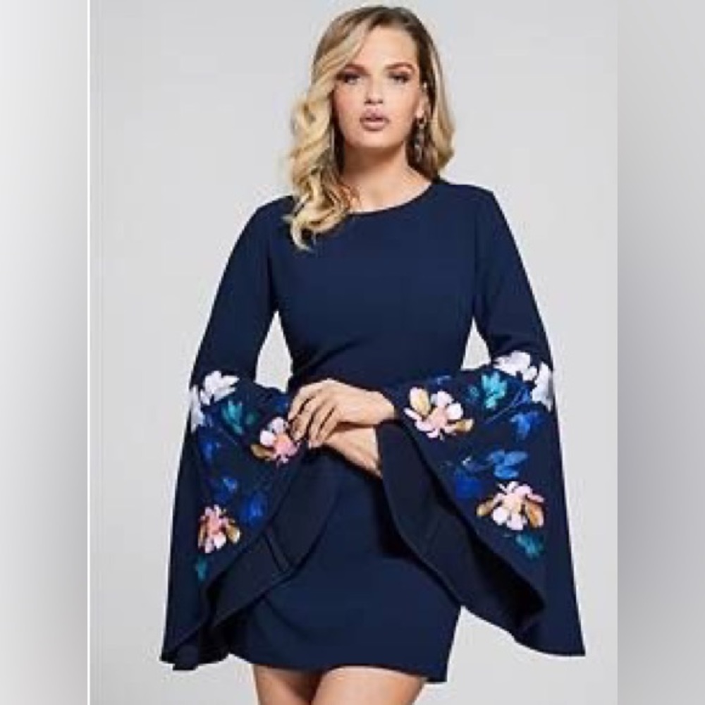 Marciano blue dress with embroidered bell sleeves